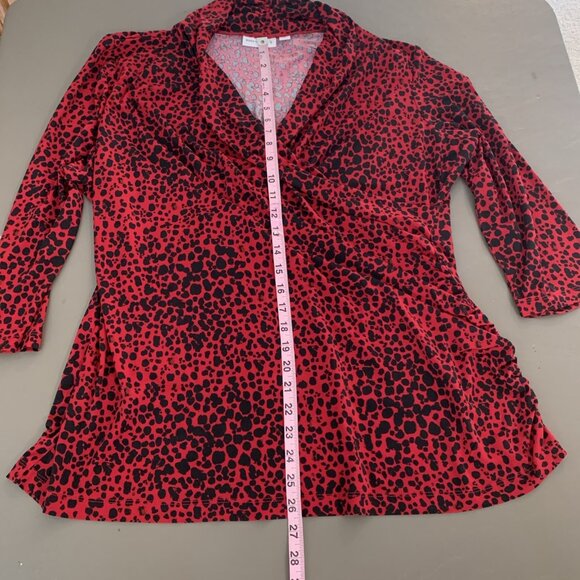 Susan Graver Womens XL Liquid Knit Blouse Animal Print Faux Wrap 3/4 Sleeve Red - Picture 6 of 11